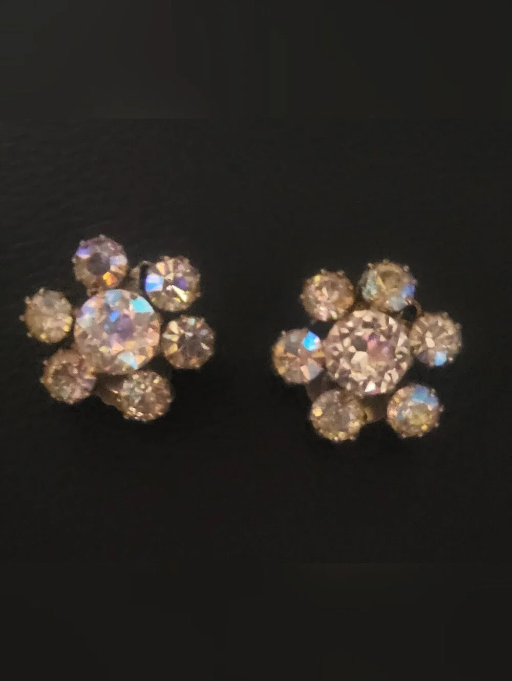 Vintage Signed WEISS Clear Rhinestone Flower Rosette Clip On Earrings